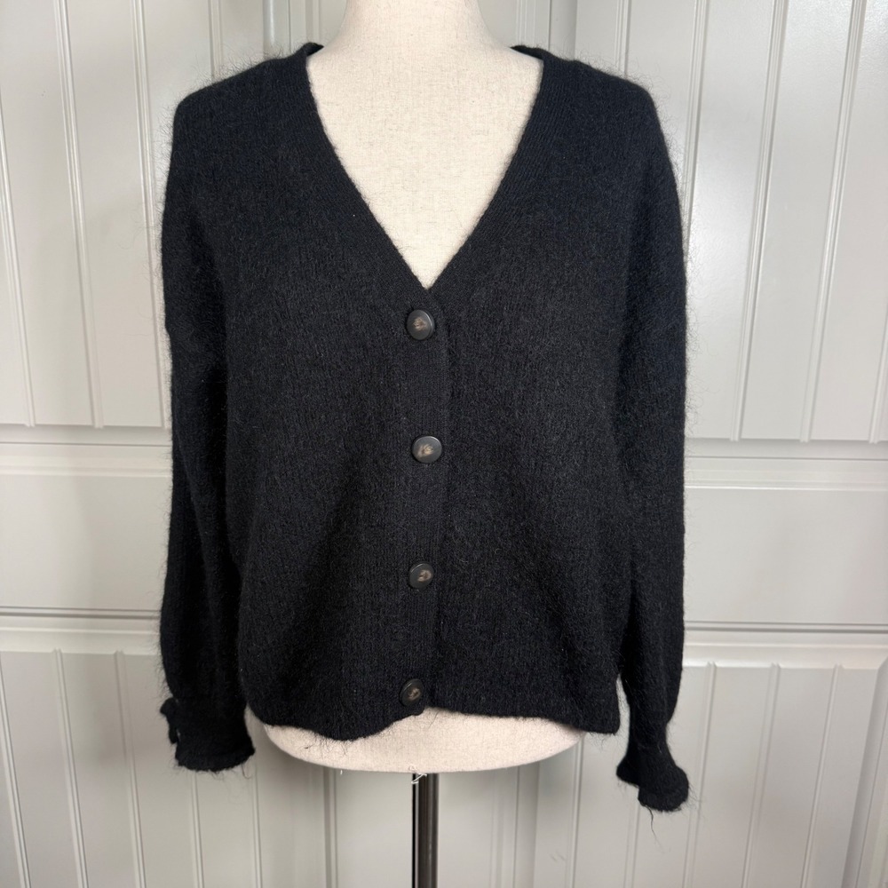 Sezane La Maille Cardigan Women XS Black Mohair Wool Blend Quiet Luxury V-Neck